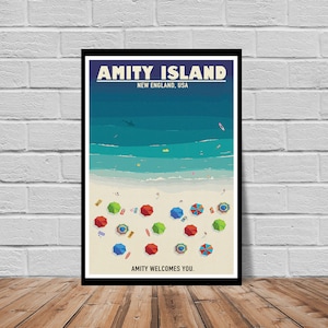 Jaws Amity Island Vintage Tourism Travel style poster - "Amity Means Friendship." Original art print - New England USA