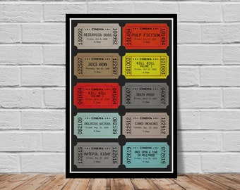 May include: A black and white poster with a collection of movie ticket stubs. Each ticket stub features a different Quentin Tarantino film title, release date, and cinema name. The titles include Pulp Fiction, Reservoir Dogs, Kill Bill Vol. 1, Kill Bill Vol. 2, Jackie Brown, Inglorious Basterds, Django Unchained, Hateful Eight, Death Proof, and Once Upon a Time in Hollywood.