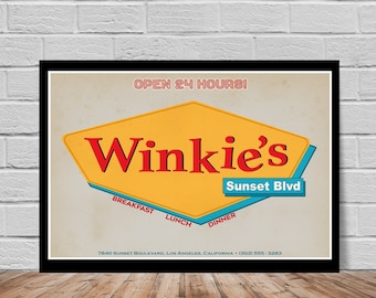 May include: A retro-style diner sign for Winkie's, a restaurant open 24 hours. The sign is yellow with red text and a blue and white border. It says "Winkie's Sunset Blvd" and has the words "Breakfast", "Lunch", and "Dinner" on the bottom. The address is 7840 Sunset Boulevard, Los Angeles, California (303) 555-3283.