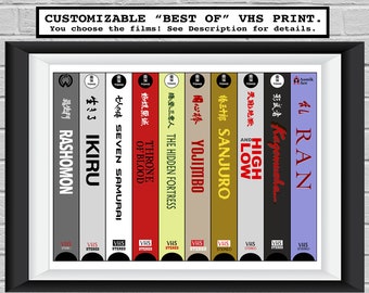 May include: A customizable print of VHS covers featuring classic Japanese films, including "Ran", "High and Low", "Sanjuro", "Yojimbo", "The Hidden Fortress", "Throne of Blood", "Seven Samurai", "Ikiru", and "Rashomon".
