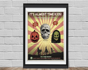 May include: A framed vintage Halloween poster with a black frame. The poster features a pumpkin, skull, and witch, with text that reads "IT'S ALMOST TIME KIDS!" and "HAPPY HAPPY HALLOWEEN FROM SILVER SHAMROCK!"