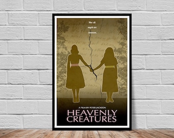 May include: A movie poster for the film "Heavenly Creatures" directed by Peter Jackson. The poster features a cracked background with a quote that reads "Not all angels are innocent." Two silhouetted figures of young women are holding hands in front of the cracked background.