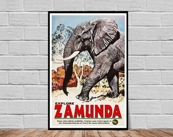 May include: A vintage travel poster advertising a trip to Zamunda. The poster features a large elephant walking through a savanna landscape. The text on the poster reads "Explore Zamunda. Tours and safaris available. Contact your travel agent or the Zamunda Bureau of Travel for more information."