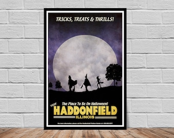 May include: A vintage-style Halloween poster with a large, full moon in the background. Three figures in silhouette are walking towards the moon, carrying pumpkins. The text reads "TRICKS, TREATS & THRILLS!" and "VISIT The Place To Be On Halloween! HADDONFIELD ILLINOIS".
