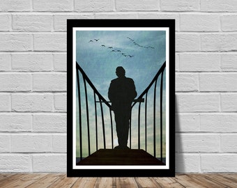 Jaws - &quot;Shark Watch&quot; Original art print poster. Quint on the bow of the Orca - Amity Island - Hooper - Chief Brody