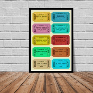 Wes Anderson "Movie Tickets" poster art print. Rushmore Royal Tenenbaums- Wall Decore