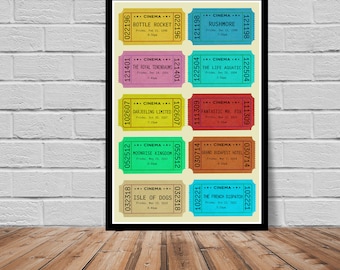 May include: A vintage-style poster with a collection of movie ticket stubs. Each ticket stub features a different movie title, date, and time. The tickets are arranged in a grid pattern and are printed in various colors.