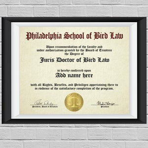 Customizable "Bird Law diploma" print - It's Always Sunny in Philadelphia - Wall Decor