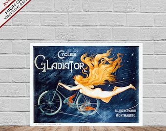 May include: A vintage advertisement for Gladiator Cycles. The ad features a woman with long flowing blonde hair riding a bicycle through a starry night sky. The text on the ad reads "Cycles Gladiator" and "12, Boulevard Montmartre".