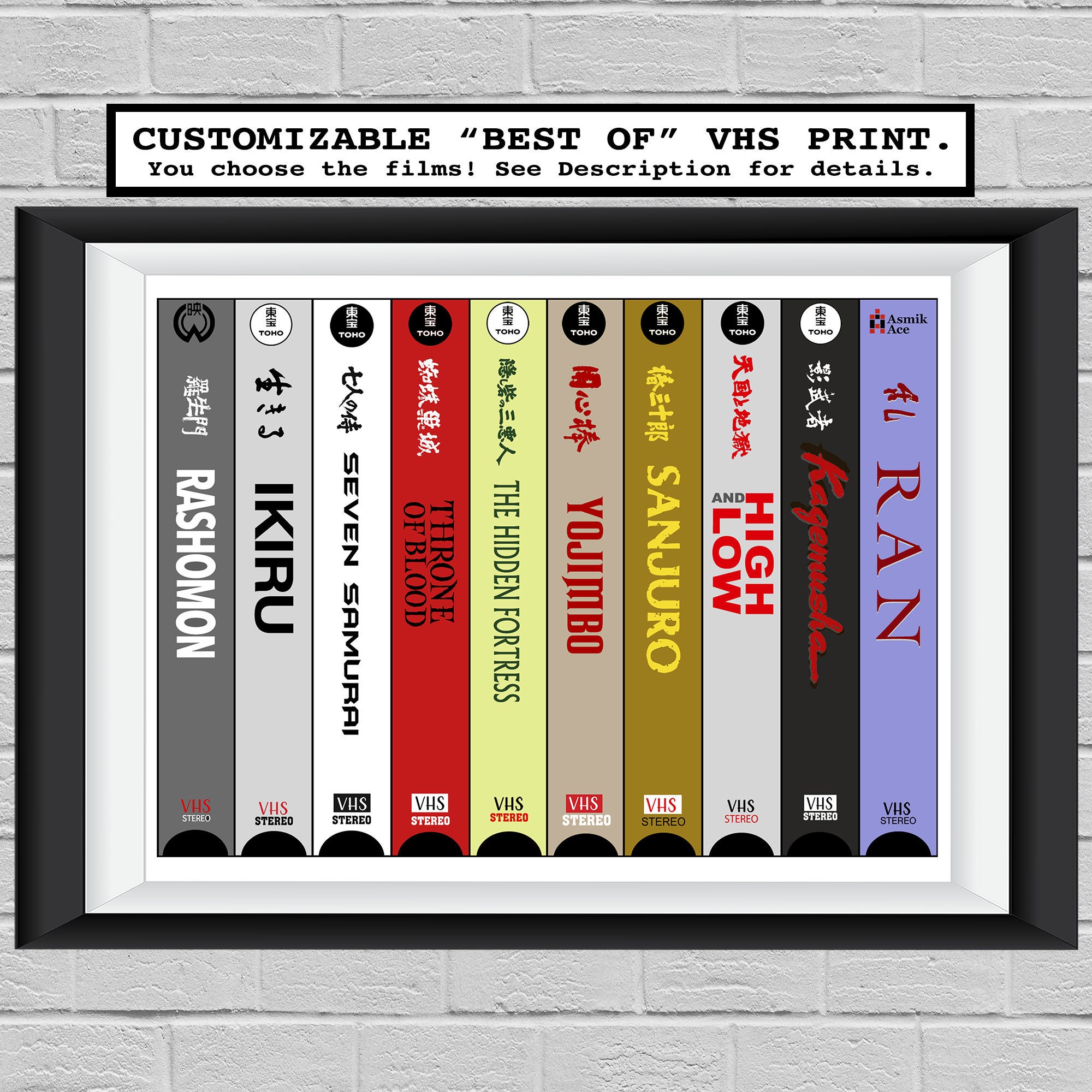 Akira Kurosawa "Best of" VHS Original Art Print Toshiro Mifune, 7 Sieben Samurai - Ikiru - Yojimbo - Sanjuro CUSTOMIZABLE