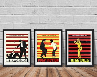 May include: Three movie posters with black frames. The posters are for the films Reservoir Dogs, Pulp Fiction, and Kill Bill. Each poster features a red and yellow striped background with a scene from the film.