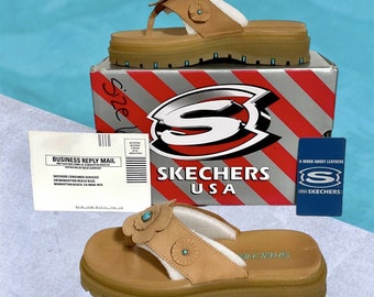 Vtg 90's Y2K Skechers Sky Jammers Wheat Tan Leather Thong Sandals Size 6 W WIDE