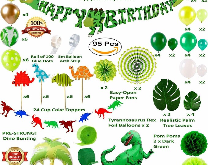 Dinosaur Party Supplies Birthday Decorations for Boys and Girls |  Happy Birthday Banner, TRex Palm Tree Inflatable Balloons