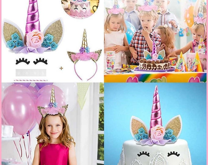 Unicorn Cake Topper with Eyelashes and Unicorn Headband, Unicorn Horn, Ears and flowers Set, Unicorn Party Supplies, Cake Decoration