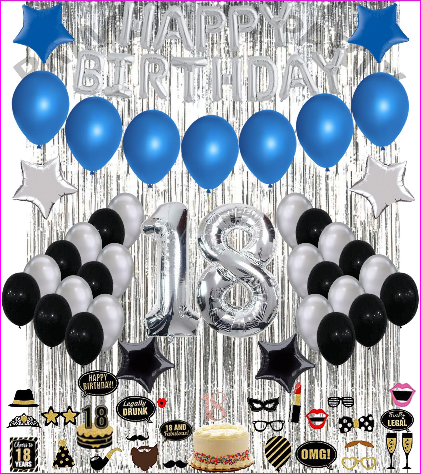18th Birthday Decorations, 18th Birthday Party Balloons Blue Silver for