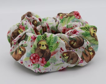 Sloth Scrunchie, Cute Sloth Gifts, White Floral Sloth Hair Tie, Sloth Girly Scrunchy, Sloth Print Ponytail Holder, Gifts for Her Girlfriend