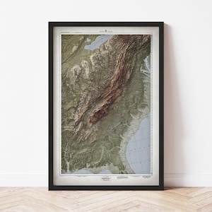 Southern Appalachians Topographic Map Poster | 1953 Vintage Replica | Giclee Wall Art Print | Framed Home Decor | 3D Relief Illusion
