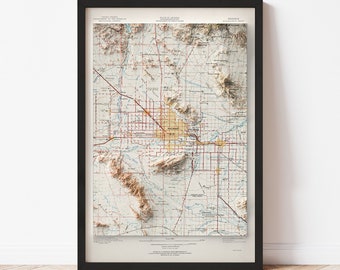 Phoenix Map  (1954) - Elevation Map - Map Art - Topographic - Terrain - Relief - Geologic - 3D Effect (Flat Print) - Gift