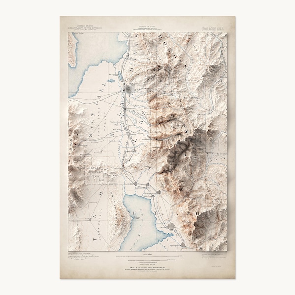 Mapa de Salt Lake City (Utah) / Mapa topográfico de relieve sombreado (reproducción de 1885) / ¡Impresiones planas que parecen 3D!