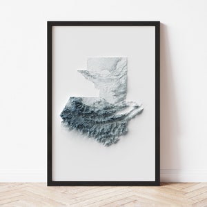 Póster del mapa topográfico de Guatemala / Diseño minimalista original / Impresión giclée para pared, decoración del hogar enmarcada, ilusión de relieve 3D