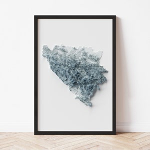 Bosnien und Herzegowina Topographische Karte Poster | Minimalistisches Originaldesign | Giclee Wand Kunst Druck gerahmt Wohnkultur 3D Relief Illusion