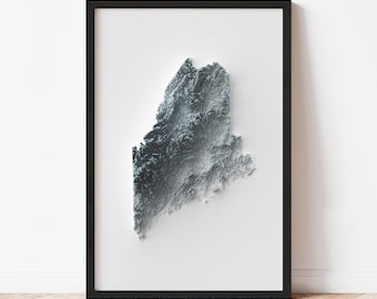 Maine Minimalist Relief Map - Elevation Map - Map Art - Topographic - Terrain - Relief - Geologic - 3D Effect (Flat Print) - Gift