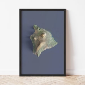 May include: A framed print of a 3D rendering of the island of Hawaii, showing its mountainous terrain and coastline. The print is on a blue background and is framed in black.