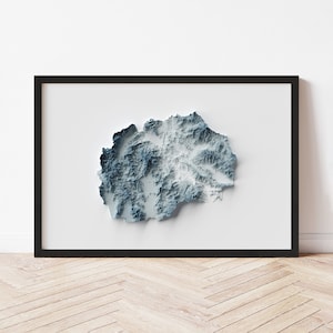 North Macedonia Topographic Map Poster | Minimalist Original Design | Giclee Wall Art Print Framed Home Decor 3D Relief Illusion