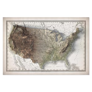May include: A vintage-style map of the United States with a 3D relief effect, showcasing the country's topography. The map features a detailed depiction of states, cities, and geographical features, with a neutral color palette and a decorative border.
