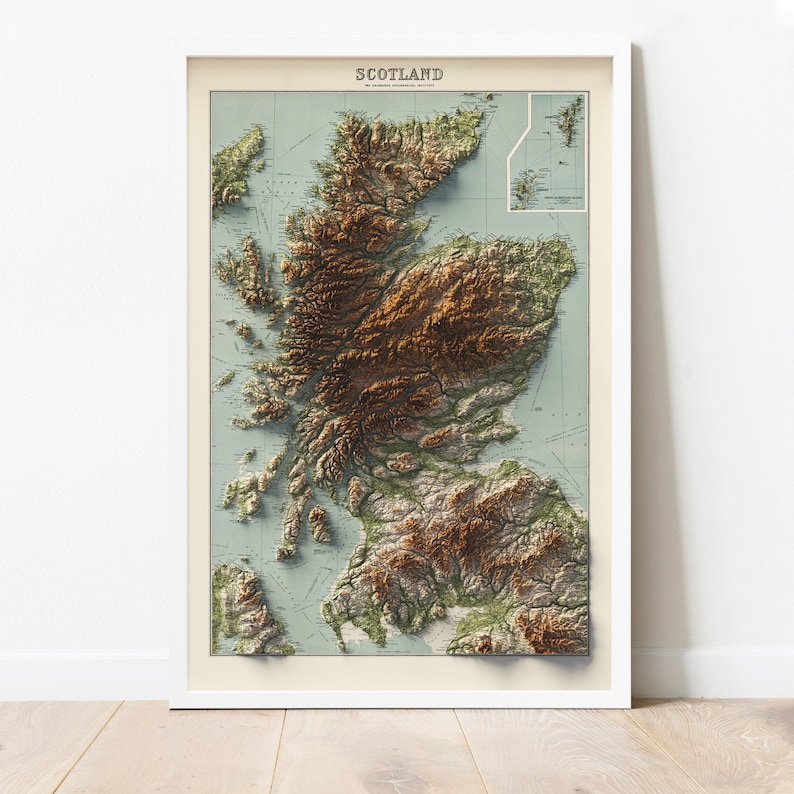 Scotland Map Vintage Style Terrain Map Shaded Topographic  Etsy