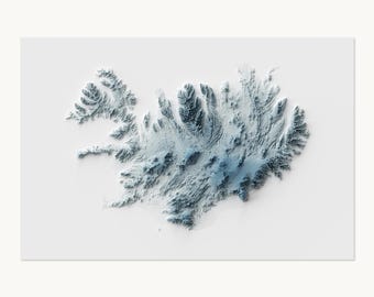 May include: A three-dimensional topographical map of Iceland rendered in shades of cool blue and white. The relief map displays the rugged, mountainous terrain and intricate coastline of the island, set against a plain, solid white background.