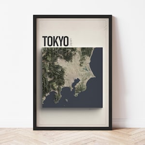 May include: Framed print featuring a detailed map of Tokyo, Japan. The map is a satellite view with shades of green, brown, and blue, set against a neutral background. The word "TOKYO" is printed in bold black letters.