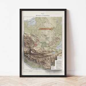 Póster del mapa topográfico de Guatemala / Réplica vintage de 1895 / Impresión giclée para pared / Decoración del hogar enmarcada / Ilusión en relieve 3D