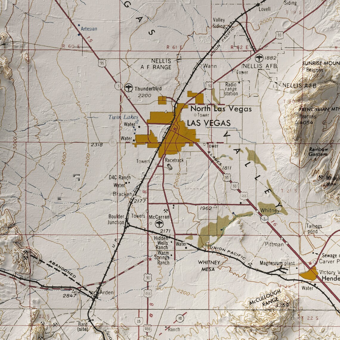 Las Vegas Map Vintage Style Terrain Map Shaded Topographic | Etsy