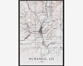 Durango Map (1924) - Vintage Reproduction - Giclée Poster Print - Gift