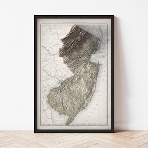 May include: A framed vintage map of New Jersey, featuring a 3D relief of the state's topography. The map is in shades of gray and brown, with a black frame. The map includes the text "Rand, McNally & Co's New Jersey".