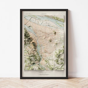 Portland, Oregon Map  (1954) - Elevation Map - Map Art - Topographic - Terrain - Relief - Geologic - 3D Effect (Flat Print) - Gift