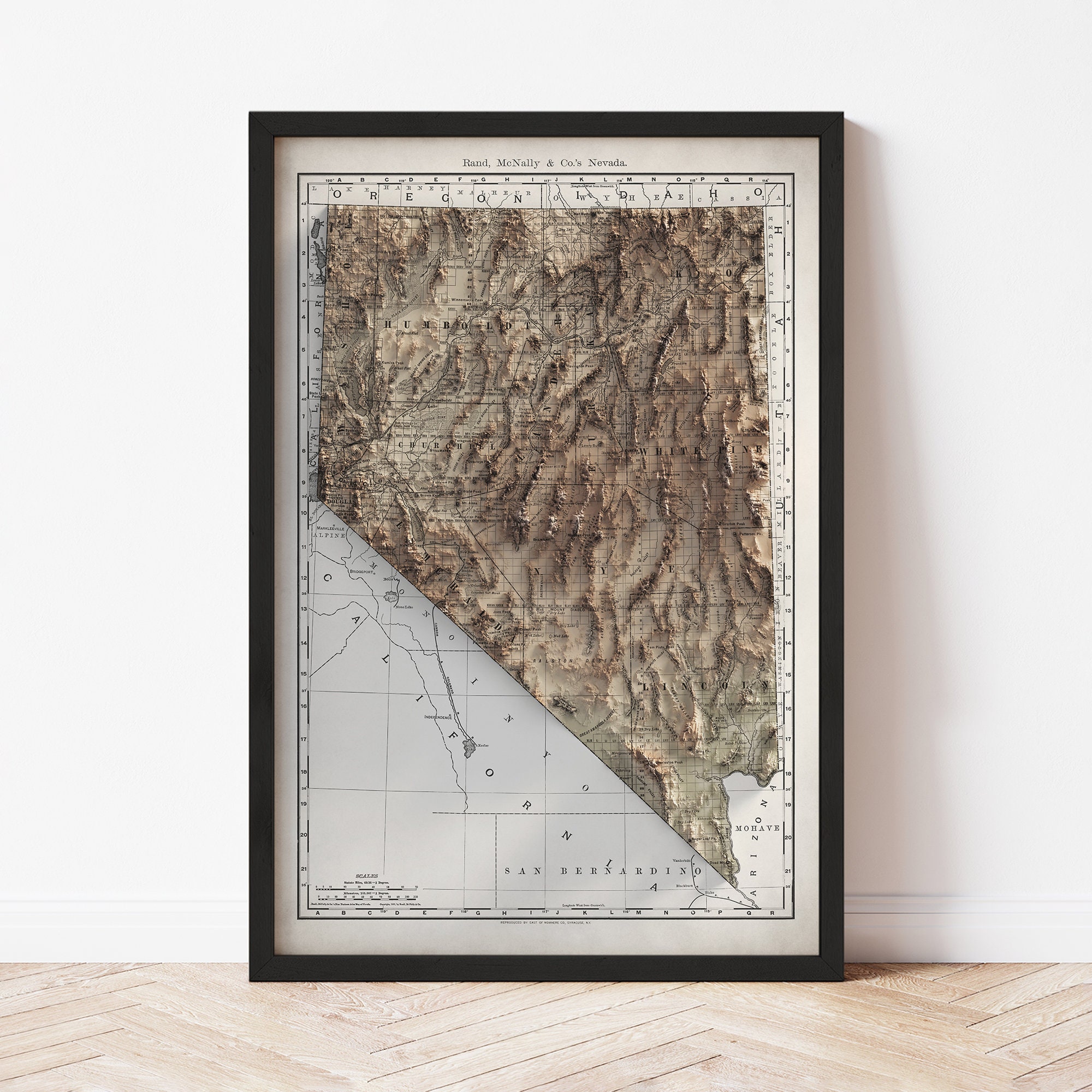 Póster del mapa topográfico de Nevada / Réplica vintage de 1889 / Impresión giclée para pared / Decoración del hogar enmarcada / Ilusión en relieve 3D