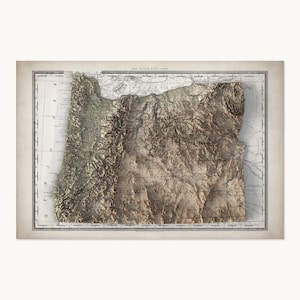 May include: A detailed, sepia-toned relief map of Oregon, showcasing the state's topography. The map is framed with a vintage border and includes the text "Rand McNally & Co's Oregon". The 3D effect highlights the mountains and valleys.