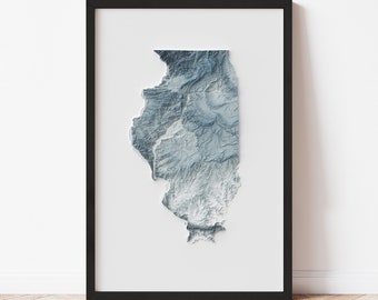 Illinois Minimalist Relief Map - Elevation Map - Map Art - Topographic - Terrain - Relief - Geologic - 3D Effect (Flat Print) - Gift