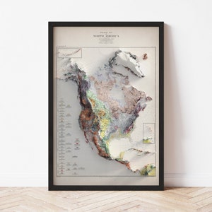 North America Geologic Map  (1911) - Elevation Map - Map Art - Topographic - Terrain - Relief - Geologic - 3D Effect (Flat Print) - Gift