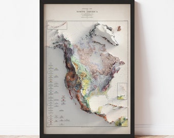 Póster del mapa topográfico de América del Norte / Réplica vintage de 1911 / Impresión giclée para pared / Decoración del hogar enmarcada / Ilusión de relieve 3D