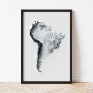 South America Minimalist Relief Map - Elevation Map - Map Art - Topographic - Terrain - Relief - Geologic - 3D Effect (Flat Print) - Gift