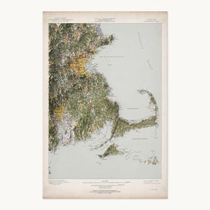 May include: A vintage United States Geological Survey topographic map of the Cape Cod region in Massachusetts. The map features detailed green terrain, yellow urban areas, and blue water bodies, with text labels for geographic locations.