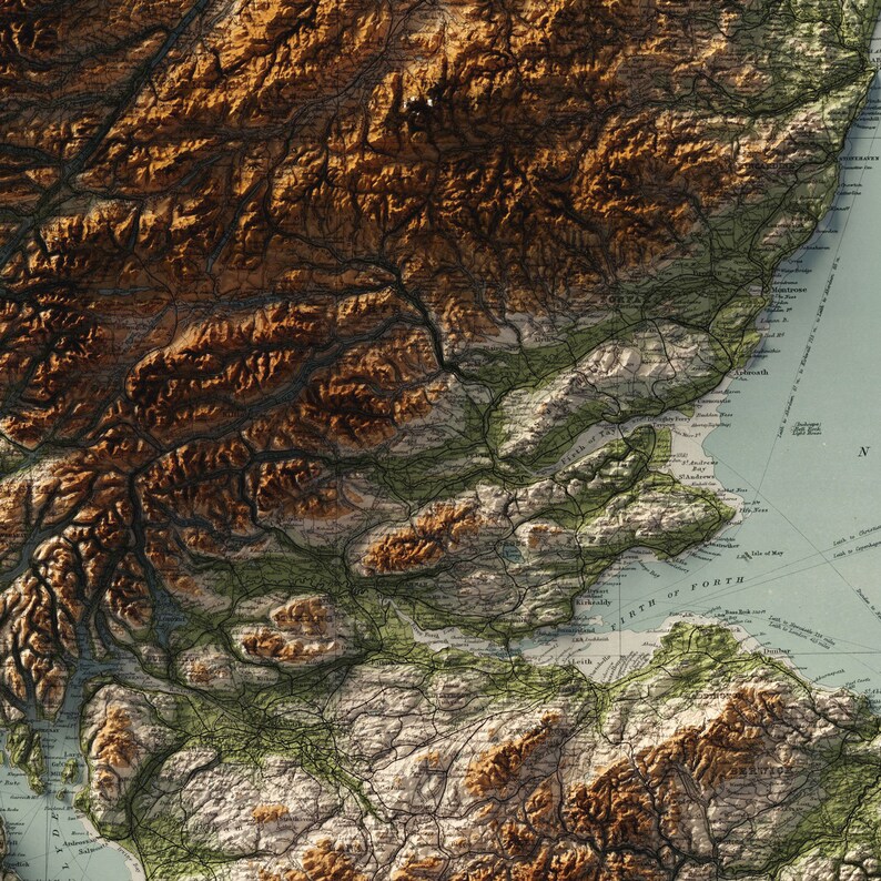 Scotland Map Vintage Style Terrain Map Shaded Topographic  Etsy