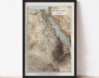 Nile River Valley Map  (1910) - Elevation Map - Map Art - Topographic - Terrain - Relief - Geologic - 3D Effect (Flat Print) - Gift