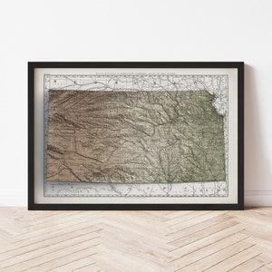 Kansas Map  (1897) - Elevation Map - Map Art - Topographic - Terrain - Relief - Geologic - 3D Effect (Flat Print) - Gift