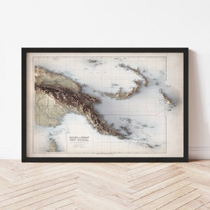Papua New Guinea Topographic Map Poster | 1906 Vintage Replica | Giclee Wall Art Print | Framed Home Decor | 3D Relief Illusion