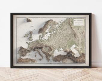 Europe Map  (1856) - Elevation Map - Map Art - Topographic - Terrain - Relief - Geologic - 3D Effect (Flat Print) - Gift