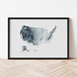 United States Topographic Map Poster | Minimalist Original Design | Giclee Wall Art Print Framed Home Decor 3D Relief Illusion